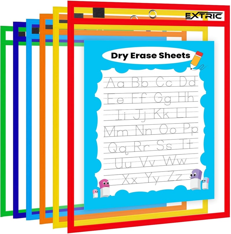 EXTRIC Dry Erase Pockets, 6 Plastic Paper Sleeves, Assorted Color Plastic Sleeves,10 X 14 inch, Homeschool Dry Erase Pocket Sleeves for School or Work Order Plastic Sleeves - Image 1